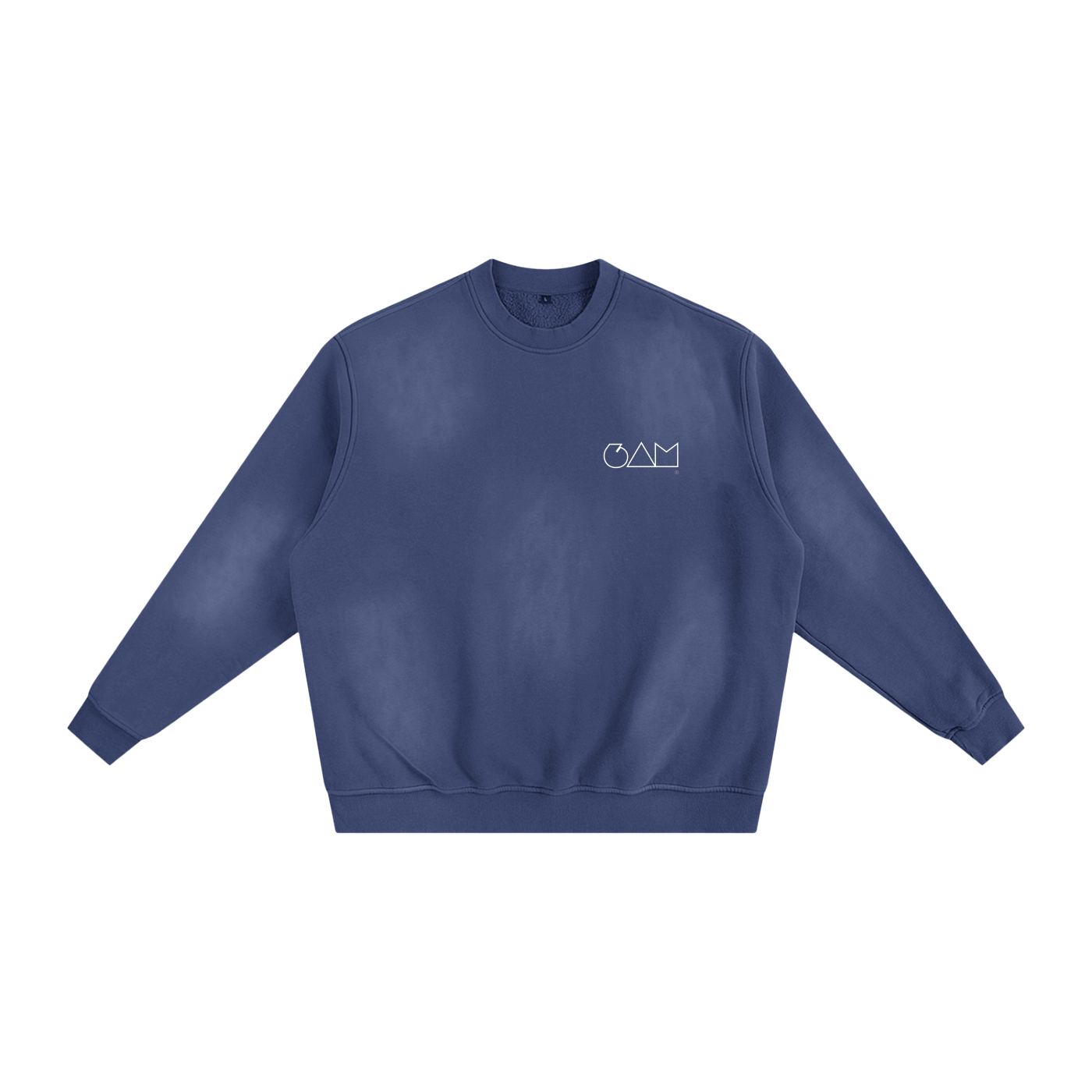 Sweatshirt bleu 6AM coupe boxy oversize, coton éponge français 400GSM, finition sunfade, intérieur molletonné.