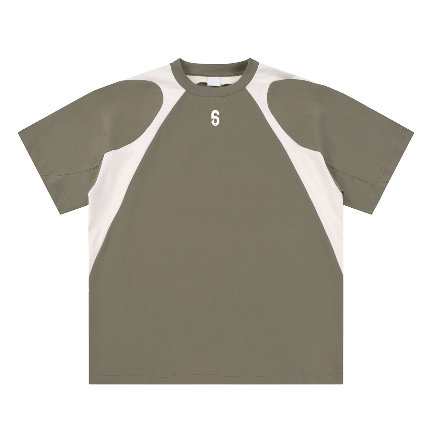 Face avant du t-shirt "Contrast Panel" gris foncé – logo 6 blanc poitrine, panneaux blancs en contraste, mood brutal et stylé.