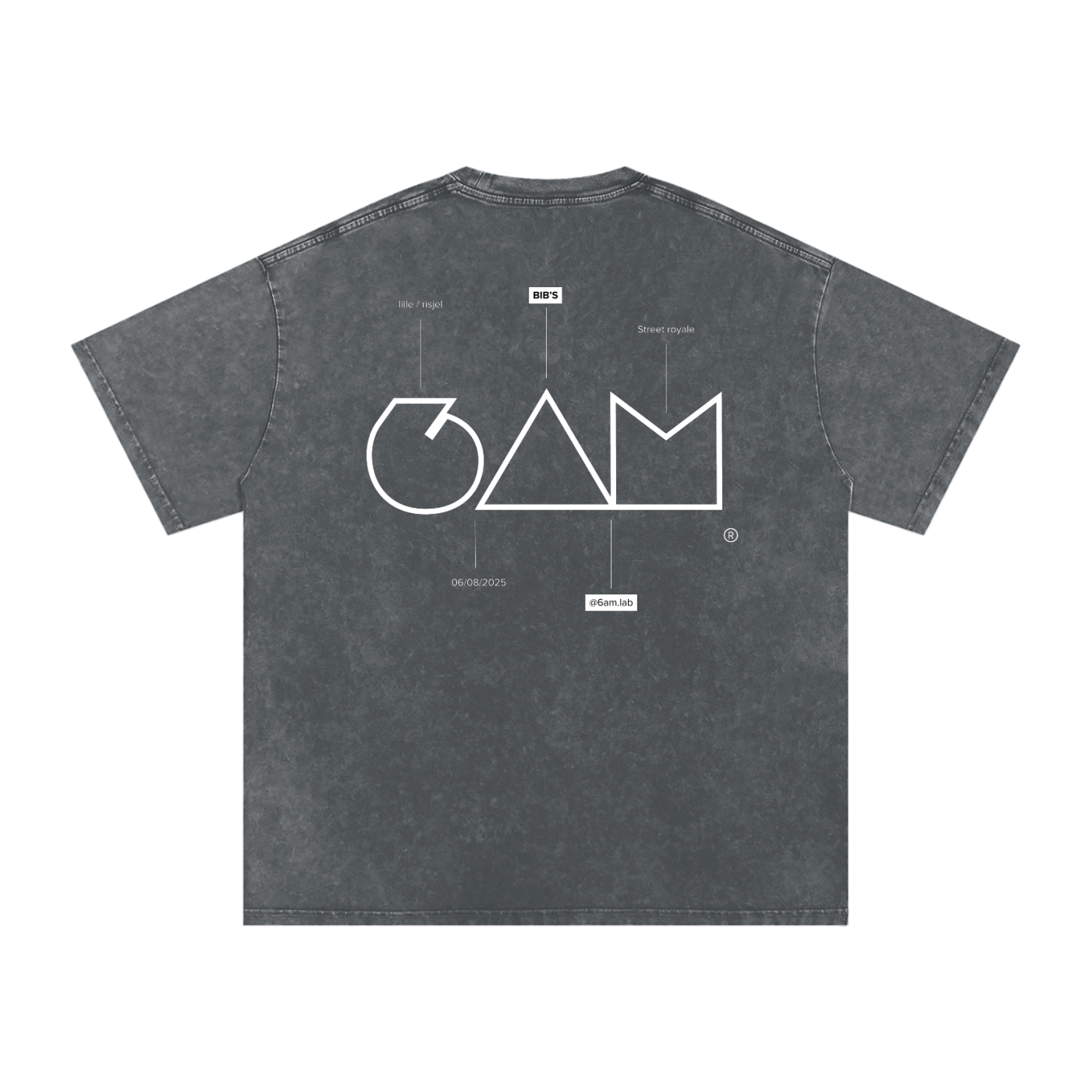 Dos du t-shirt gris 6AM × Bib’s, graphisme blanc géométrique, esprit brutal et club.