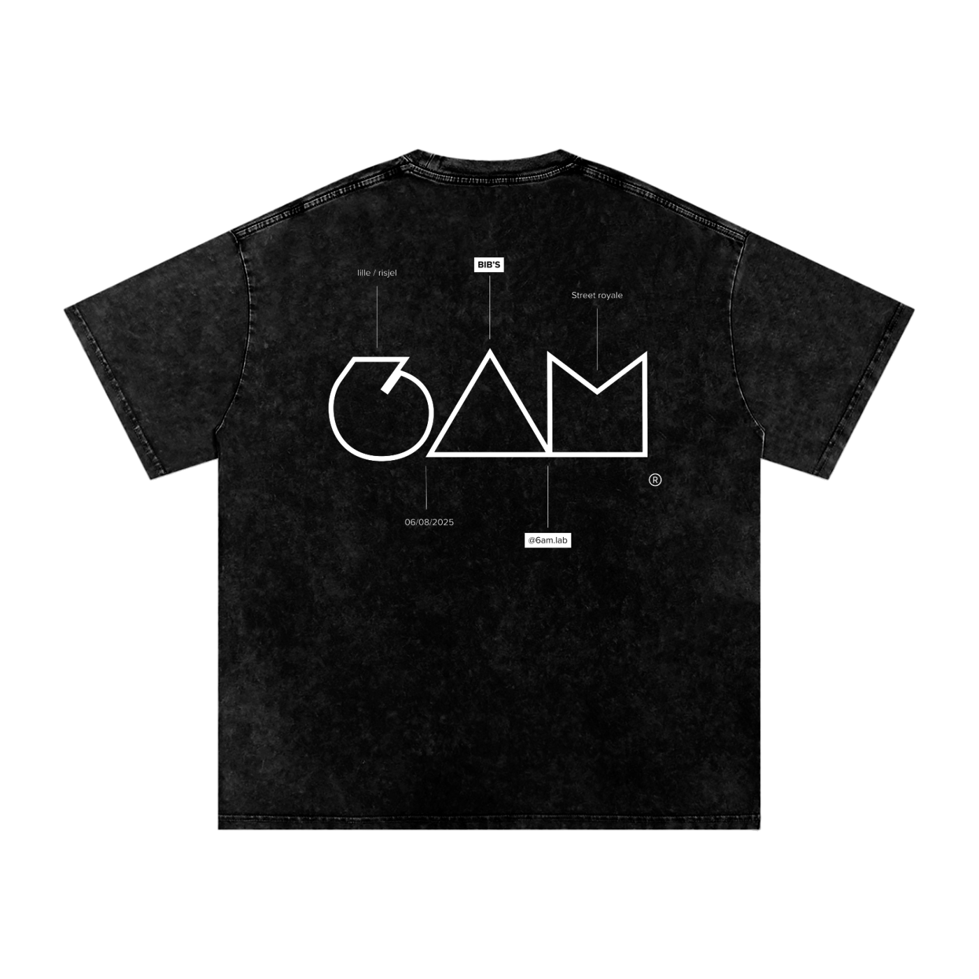 Dos du Acid Wash Oversize T‑Shirt 6AM × Bib’s en noir, grand print géométrique noir, vibe industrielle et statement visuel.