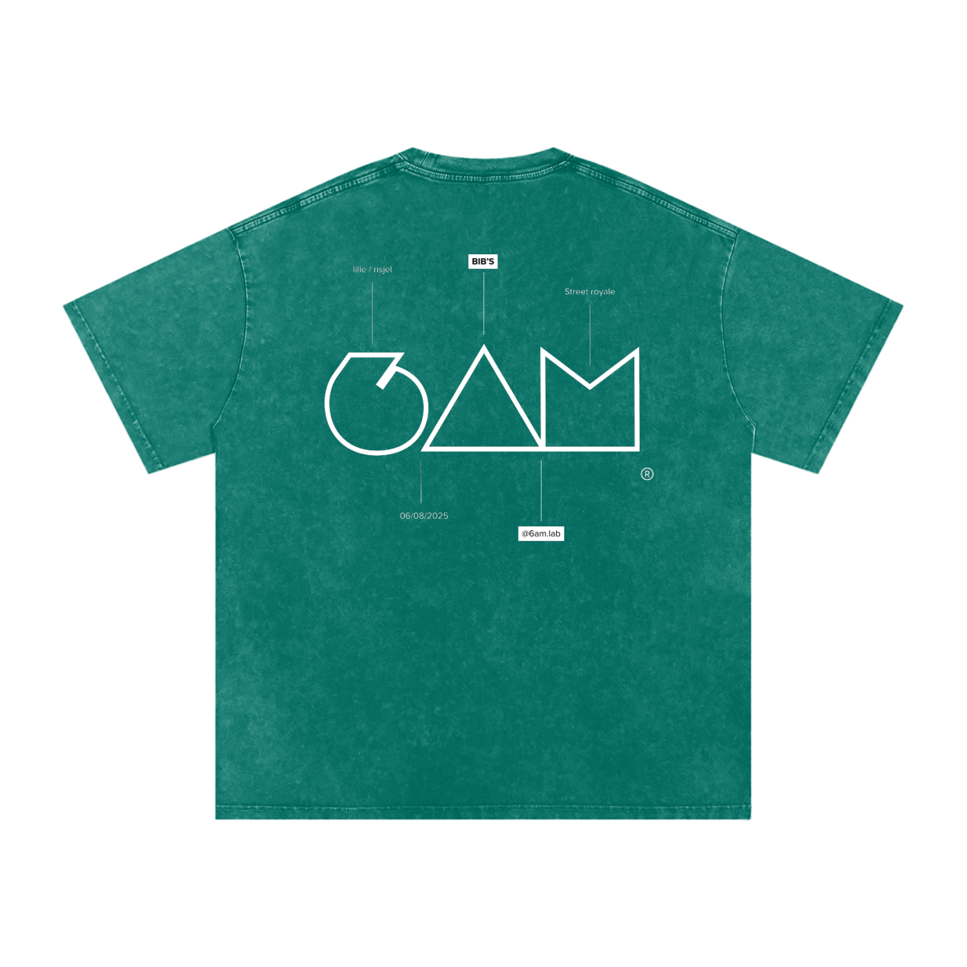 Dos du Acid Wash Oversize T‑Shirt 6AM × Bib’s en vert acid wash, grand motif noir sombre, esprit brutal et visuel fort.