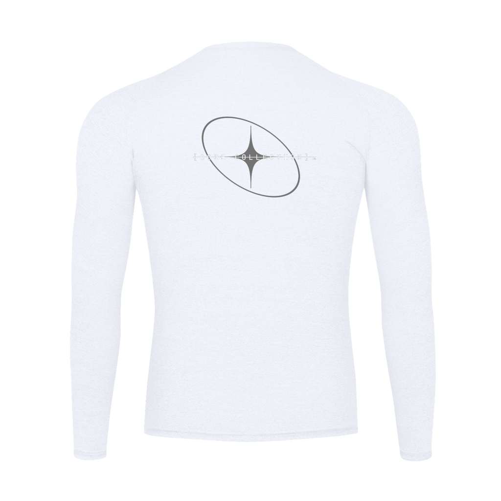Dos du t-shirt technique à manches longues blanc 6AM, coupe athlétique, tissu respirant, séchage rapide, imprimé graphique au dos.

