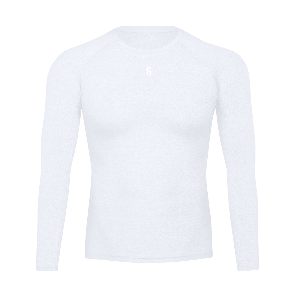  T-shirt technique à manches longues blanc 6AM, coupe athlétique, tissu respirant, séchage rapide, idéal running et training.