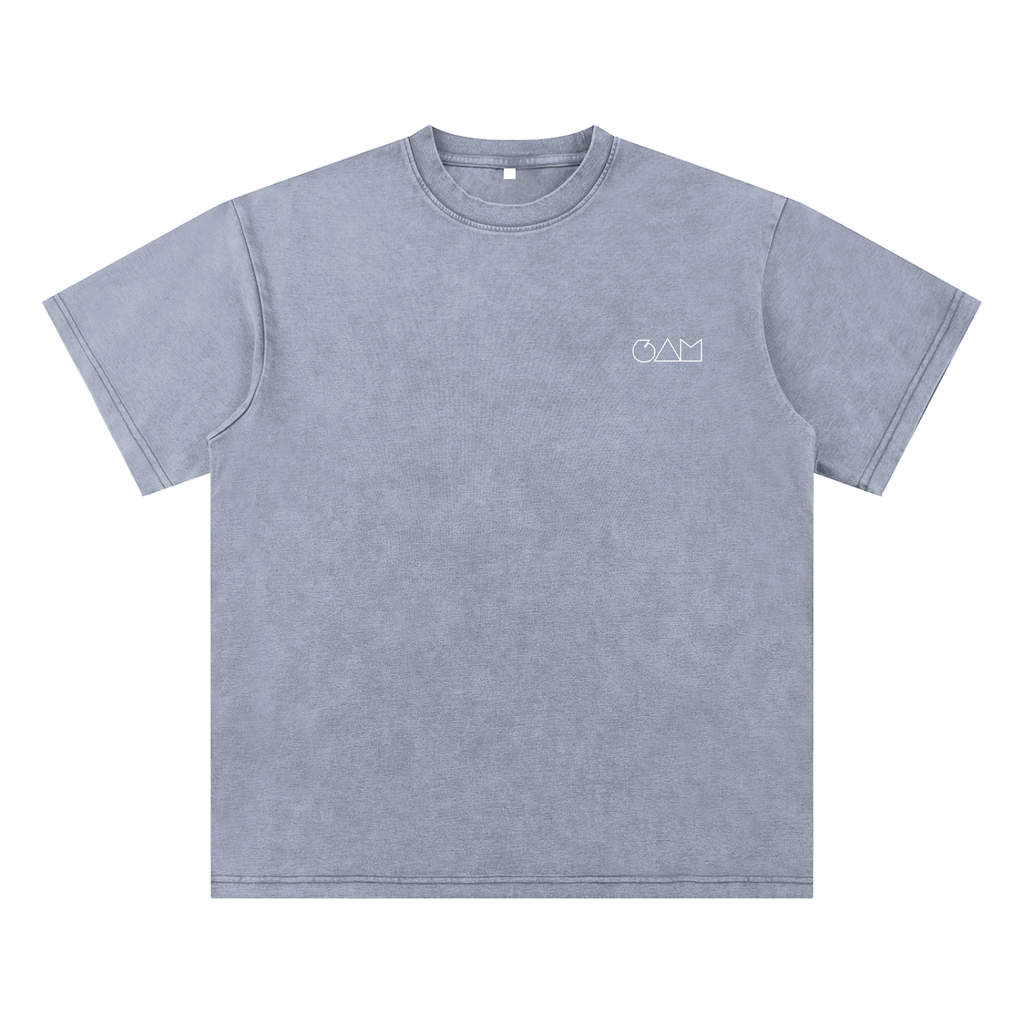 T-shirt bleu clair 6AM coupe boxy oversize, coton épais lavé, texture brute, finition vintage washed.