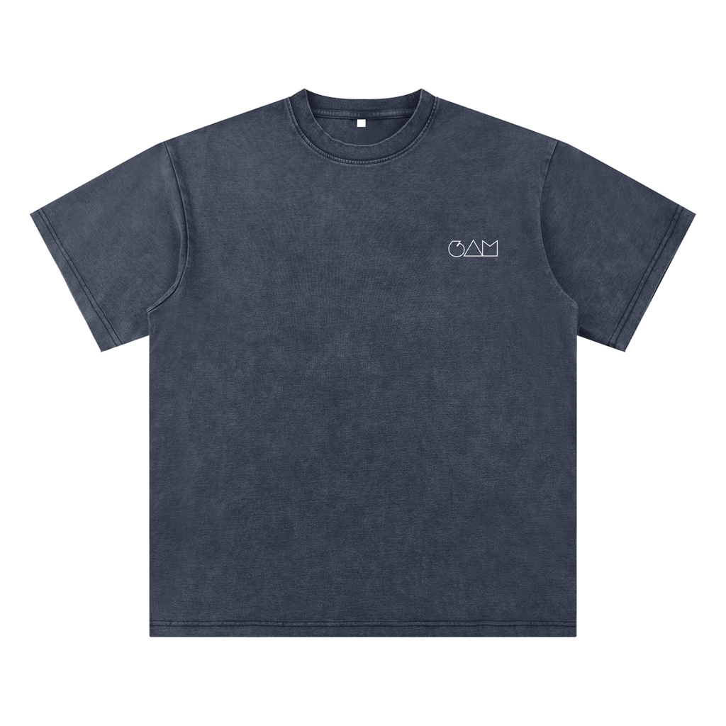  T-shirt bleu marine 6AM coupe boxy oversize, coton épais lavé, texture brute, finition vintage washed.