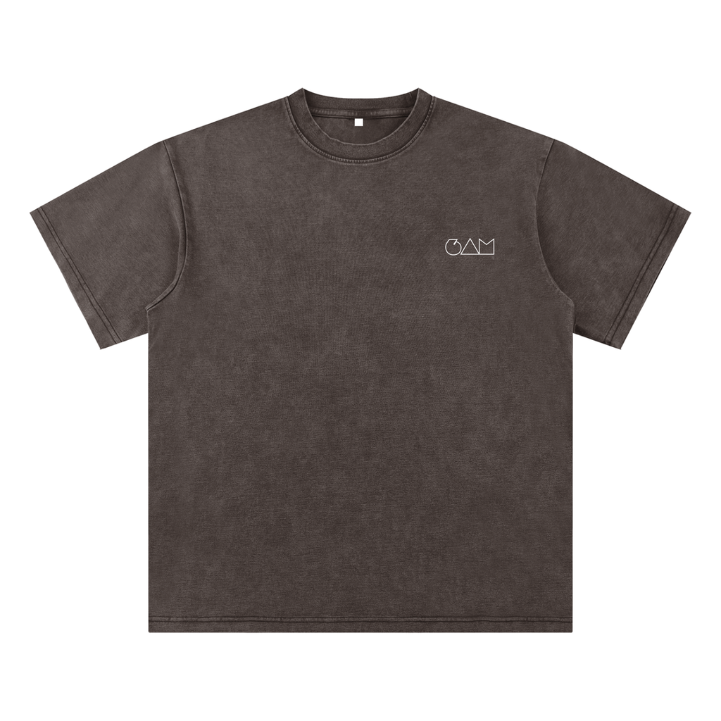 T-shirt marron 6AM coupe boxy oversize, coton épais lavé, texture brute, finition vintage washed.