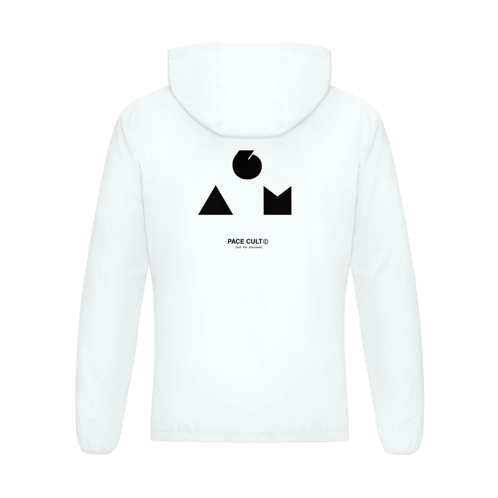  Dos du Men’s Softness Sports Jacket 6AM Club en blanc pur, logo noir minimaliste “6AM” centré – vibe brutaliste élégante. 