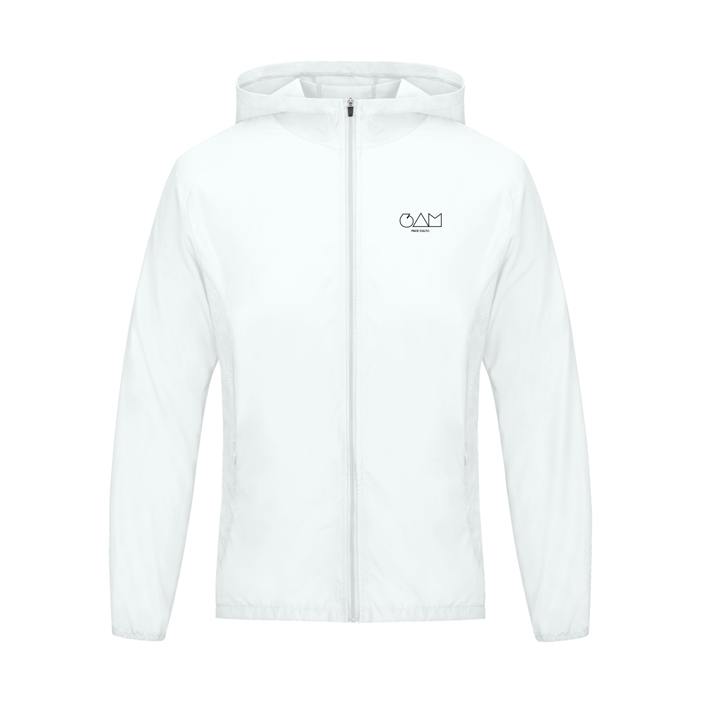 Avant de la veste Softness 6AM Club – logo poitrine minimaliste noir sur blanc, fit technique et lifestyle, pour les routines 6h00 du matin.