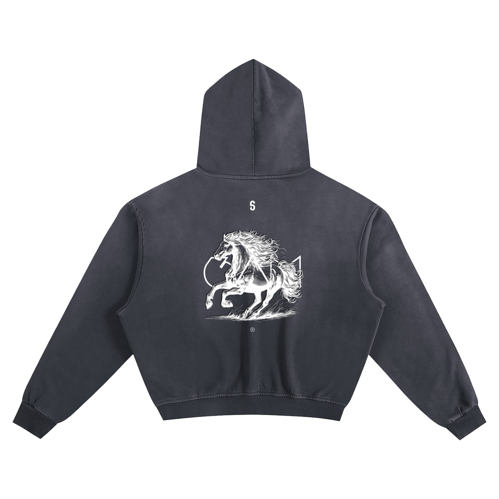 Dos du hoodie boxy oversize bleu 6AM avec illustration cheval, coton éponge 400GSM, finition sunfade.