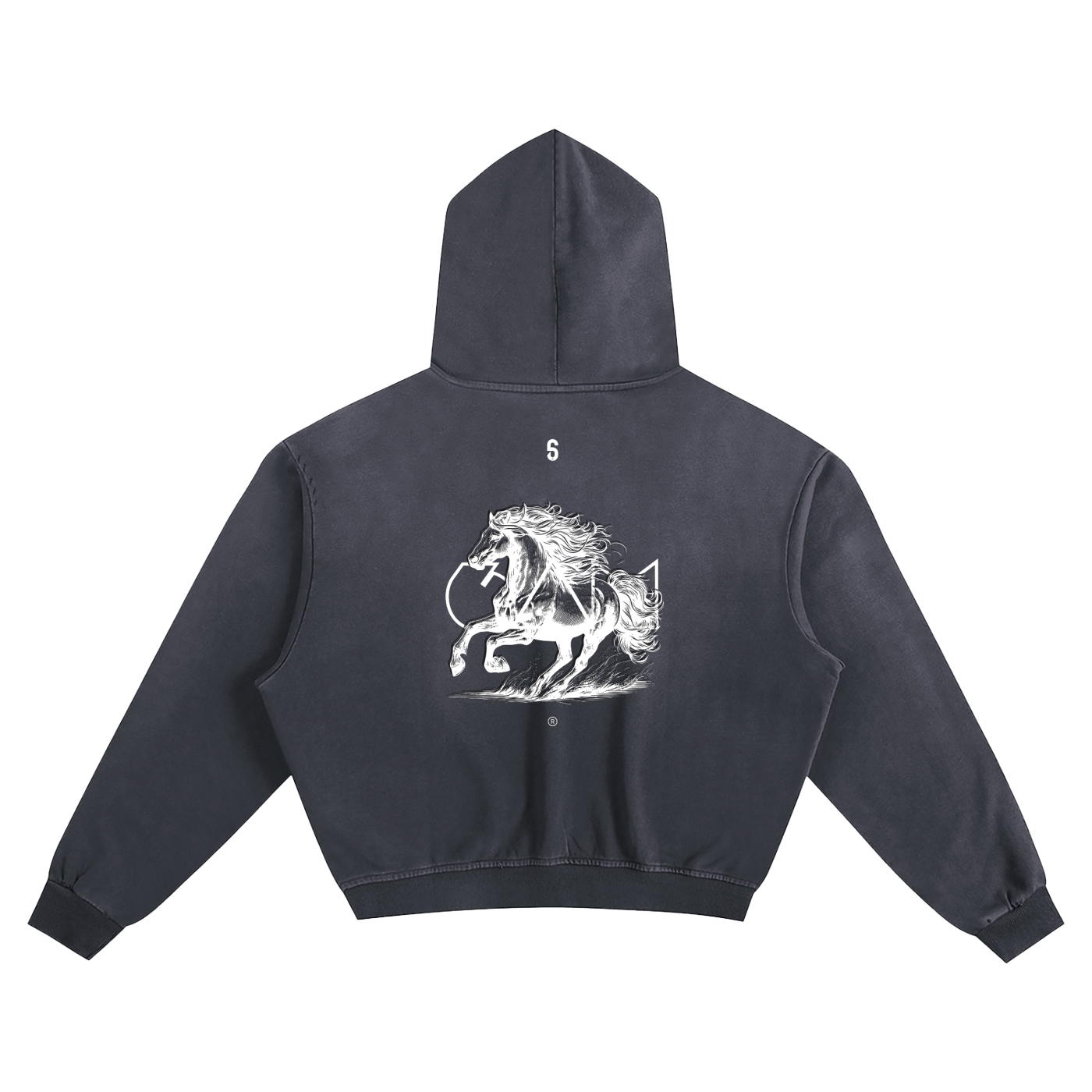 Dos du hoodie boxy oversize bleu 6AM avec illustration cheval, coton éponge 400GSM, finition sunfade.