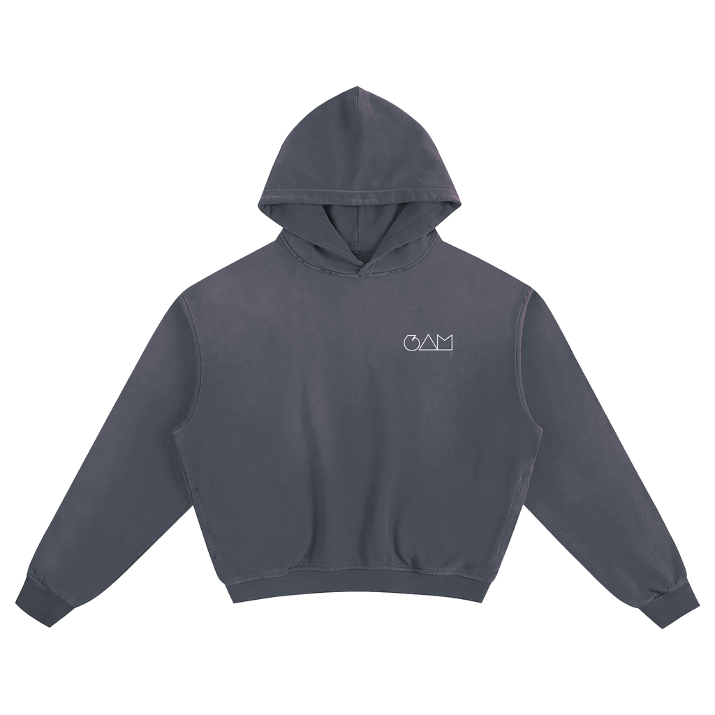  Hoodie boxy oversize bleu 6AM, coupe courte et large, coton éponge français 400GSM, finition sunfade.