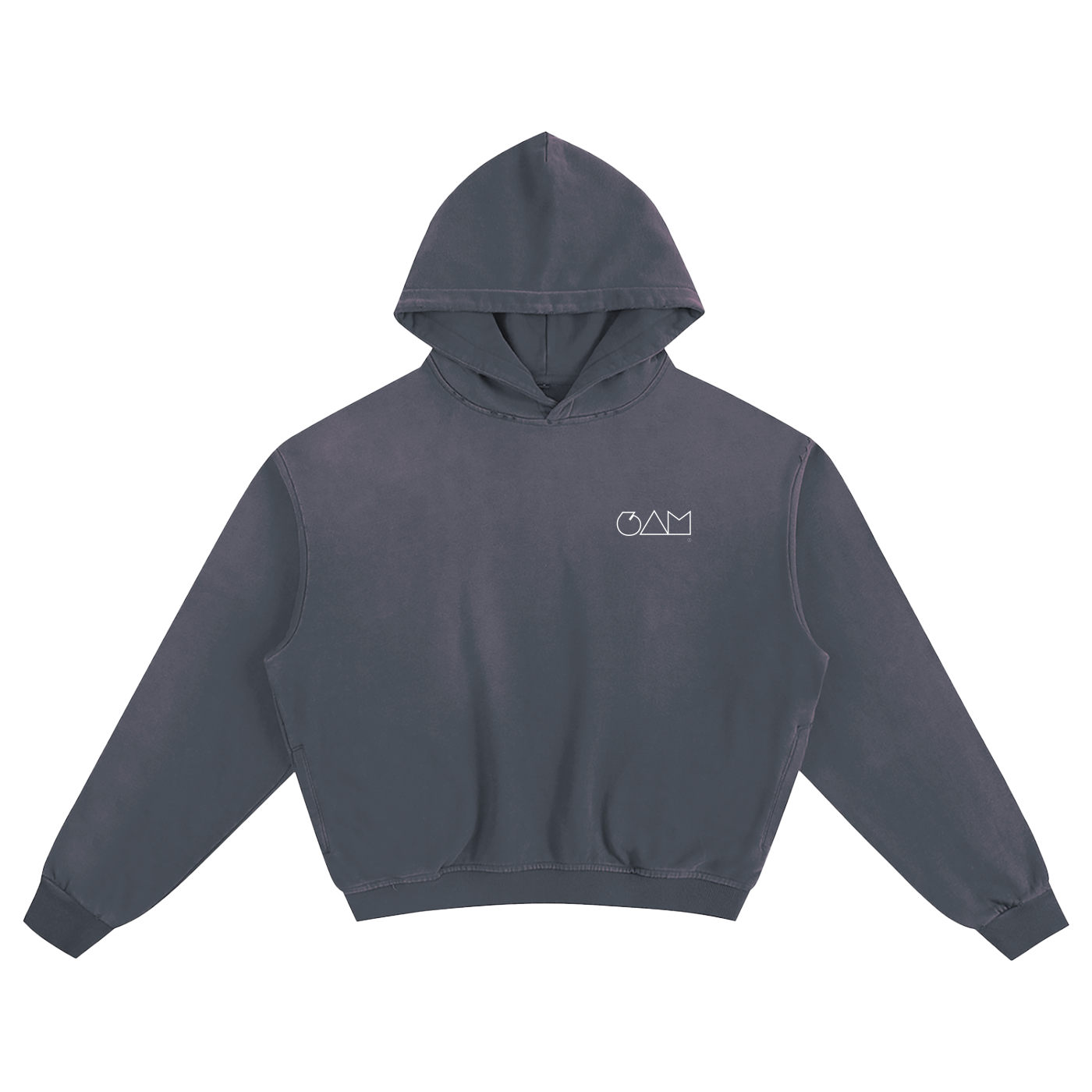  Hoodie boxy oversize bleu 6AM, coupe courte et large, coton éponge français 400GSM, finition sunfade.
