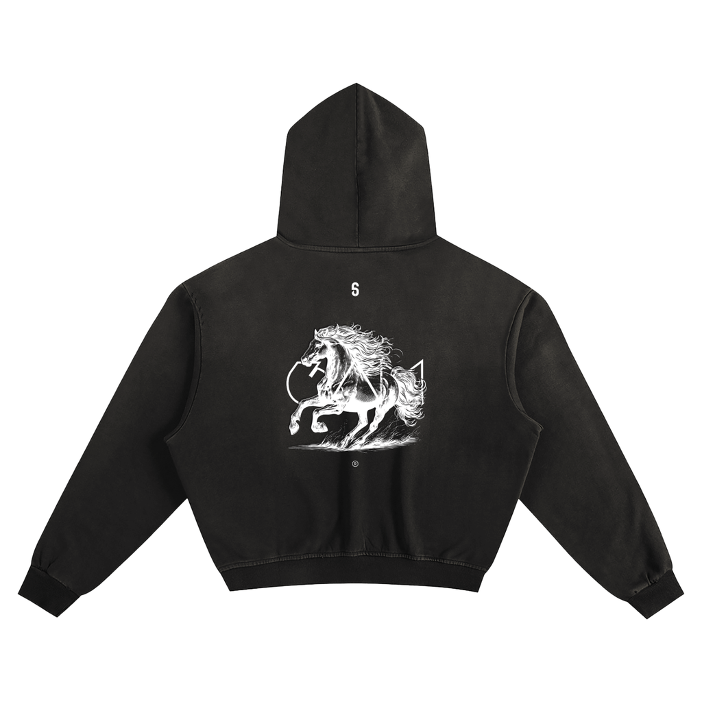 Dos du hoodie boxy oversize noir 6AM avec illustration cheval, coton éponge 400GSM, finition sunfade.