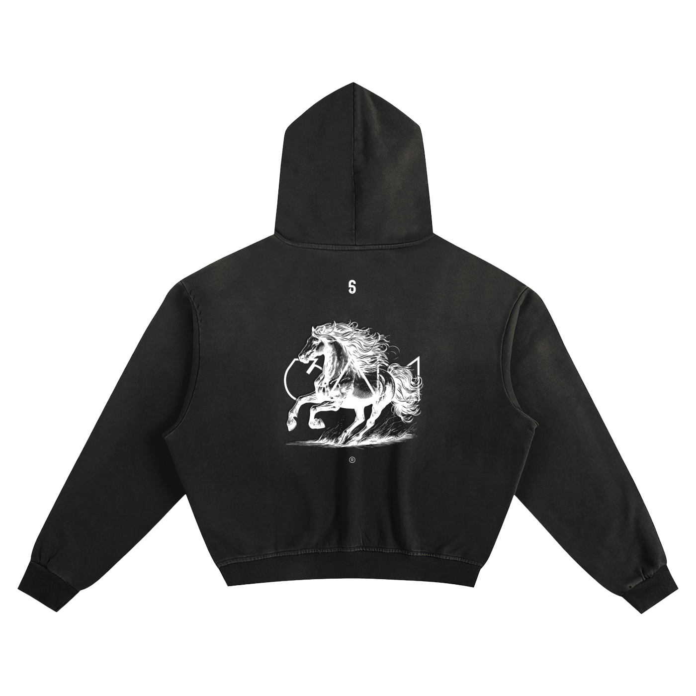 Dos du hoodie boxy oversize noir 6AM avec illustration cheval, coton éponge 400GSM, finition sunfade.