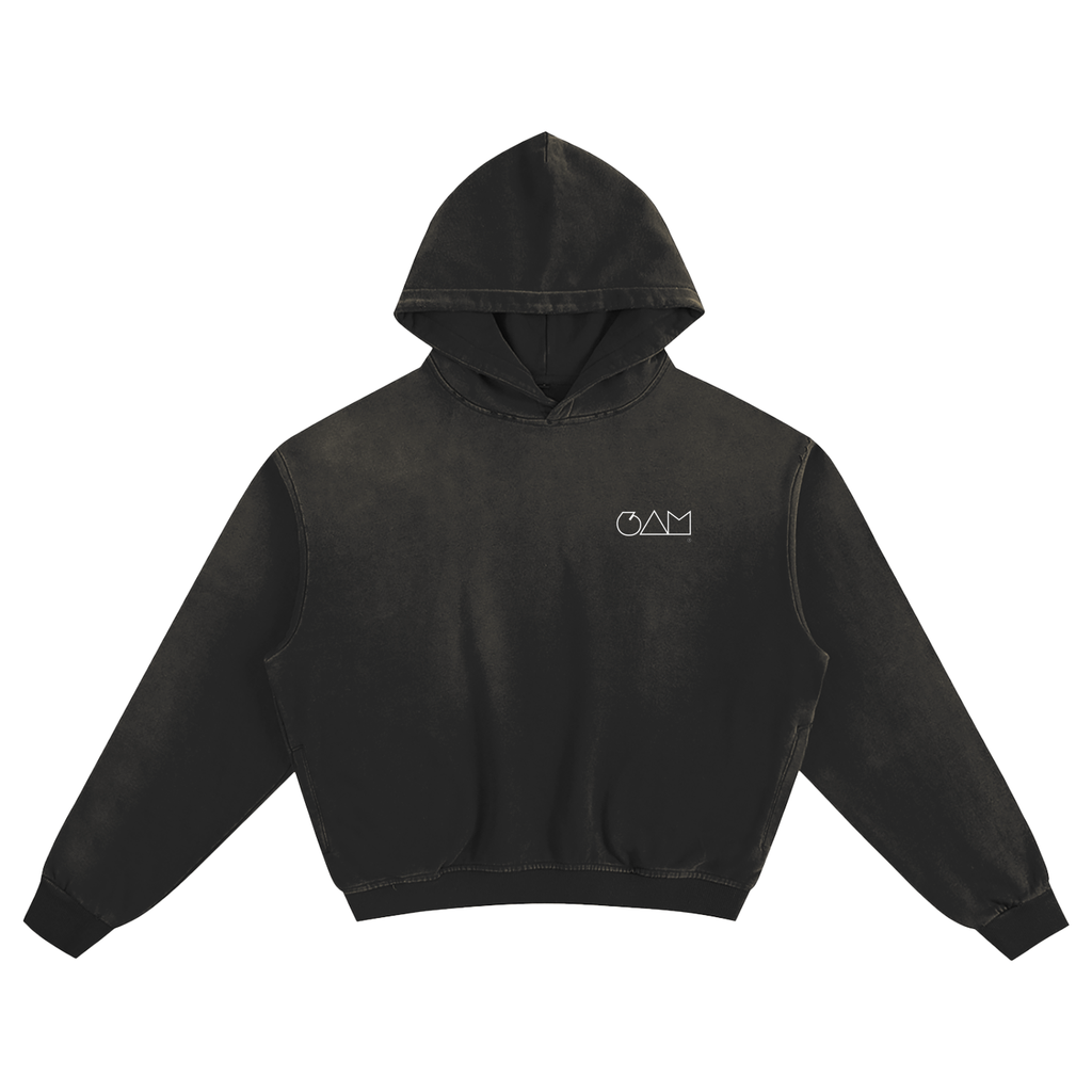  Hoodie boxy oversize noir 6AM, coupe courte et large, coton éponge français 400GSM, finition sunfade.