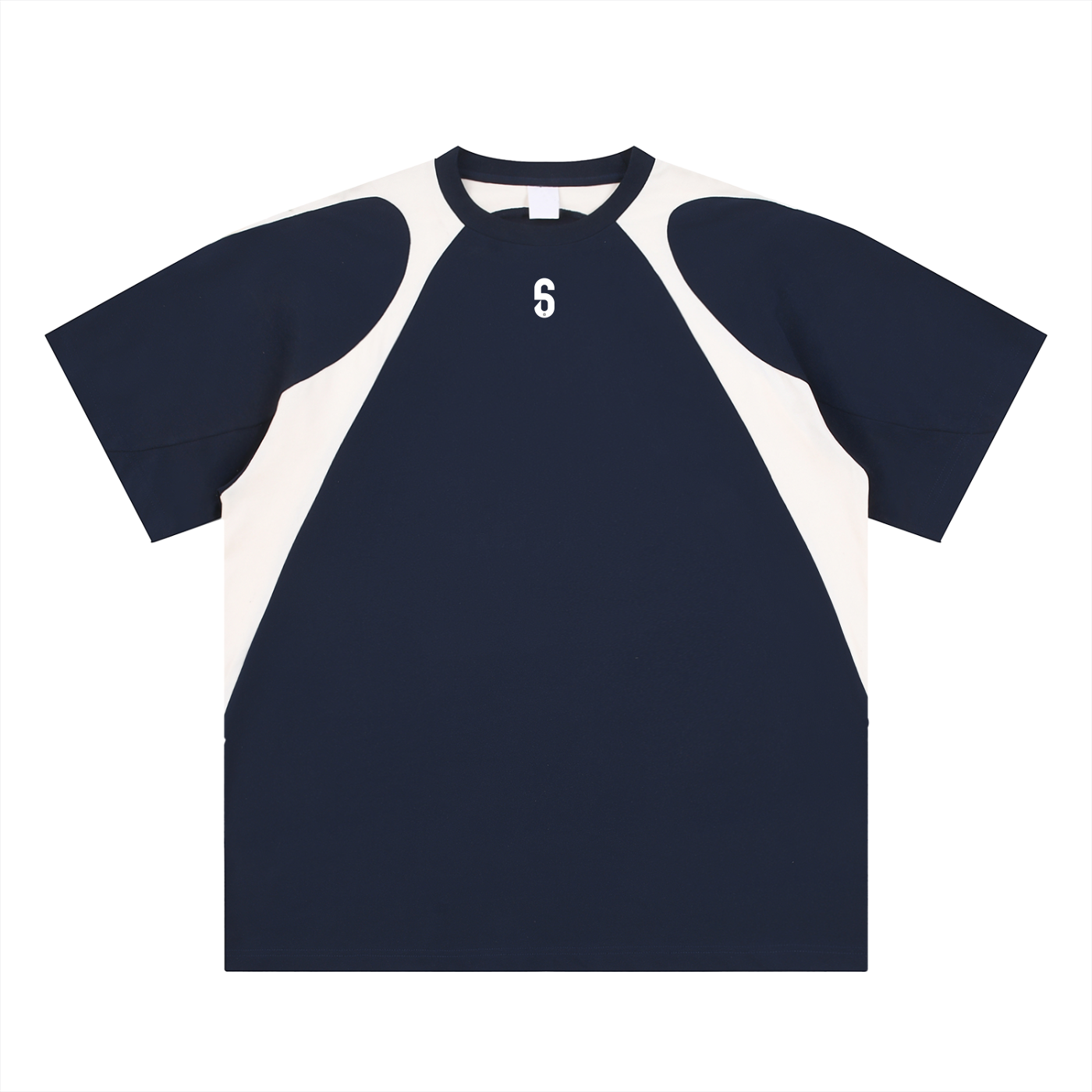 Avant du t-shirt navy "Contrast Panel" – logo 6 blanc centré, empiècements blancs stylisés, coupe oversize hybride.