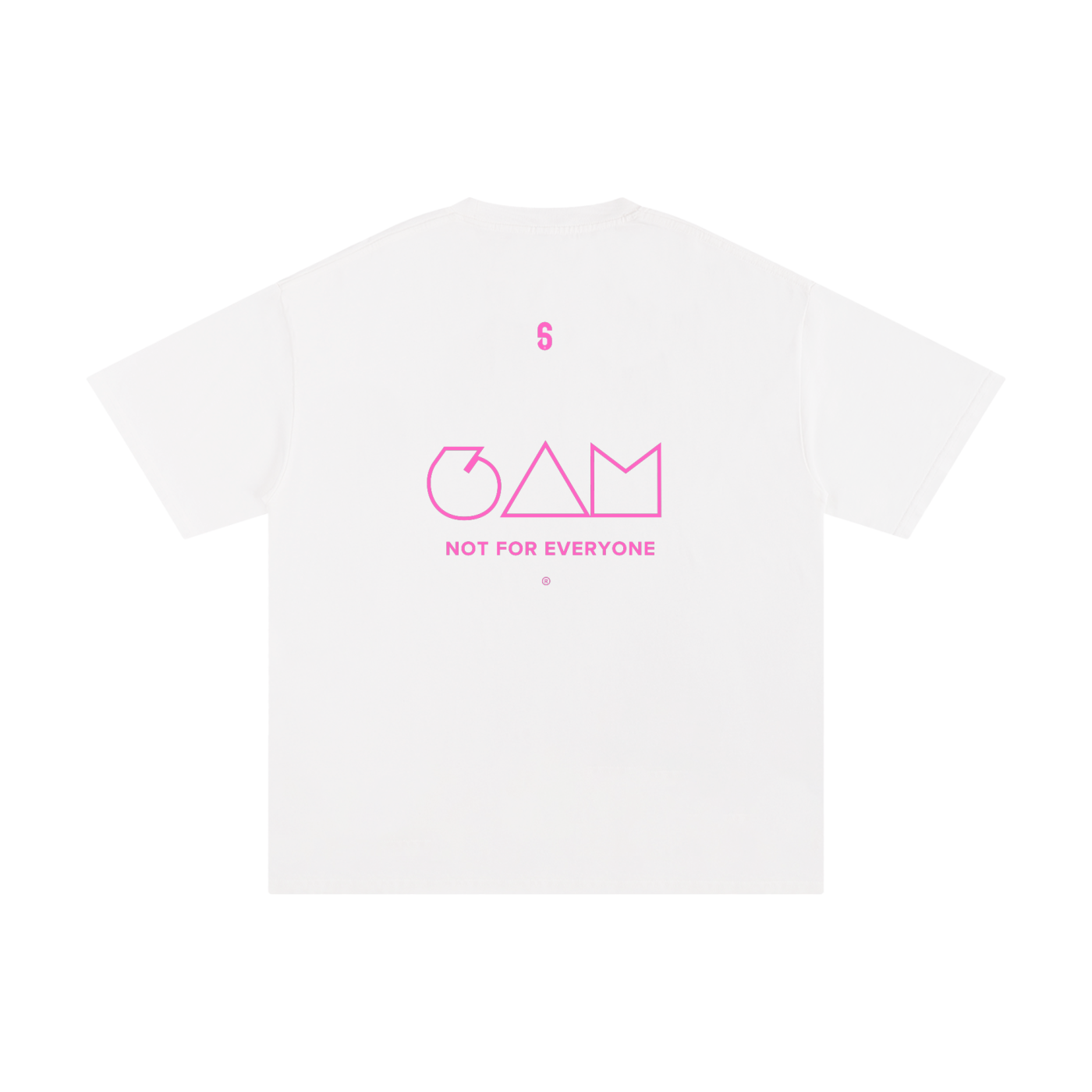 Dos du t-shirt blanc Crew – logo géométrique "6AM" rose et slogan "Not for everyone", touche disruptive.